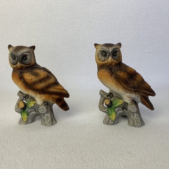 Vintage Owl Figurines Set Of Two Made In Korea Hand Painted Ceramic 5” - Picture 1 of 8